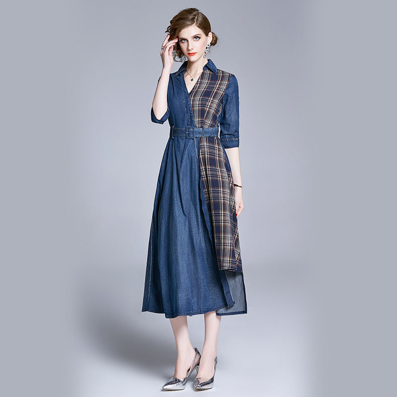 Women's Graceful And Fashionable Irregular Stitching Denim Dress