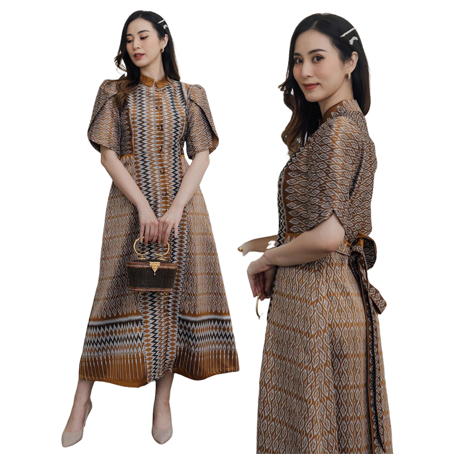 kudapy Midi dress, Thai silk, woven pattern, golden brown, Chinese collar, pleated sleeves, side slit, front slit, front buttons that can be unbuttoned, with a bow tied at the back, as per the model: Inspired by LnwShop.com