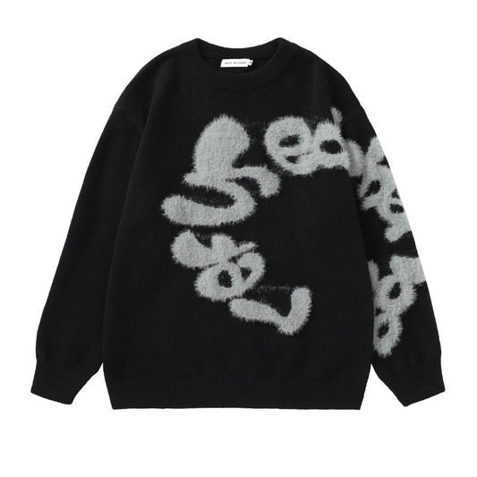 Plush Letter Crew Neck Sweater BF Men And Women Loose All-matching Sweater