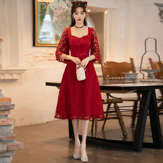 Women's Fashion Wine Red Lace Dress