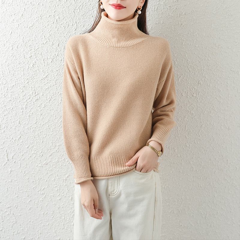 All Wool Pineapple Stitch Sweater Loose Padded High Neck Long Sleeve Pullover Sweater