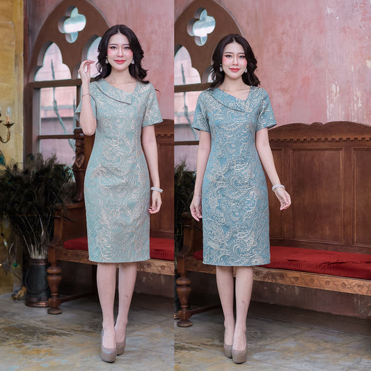 kudapy dress, jacquard fabric, woven 3D pattern, embossed with light gold silk.