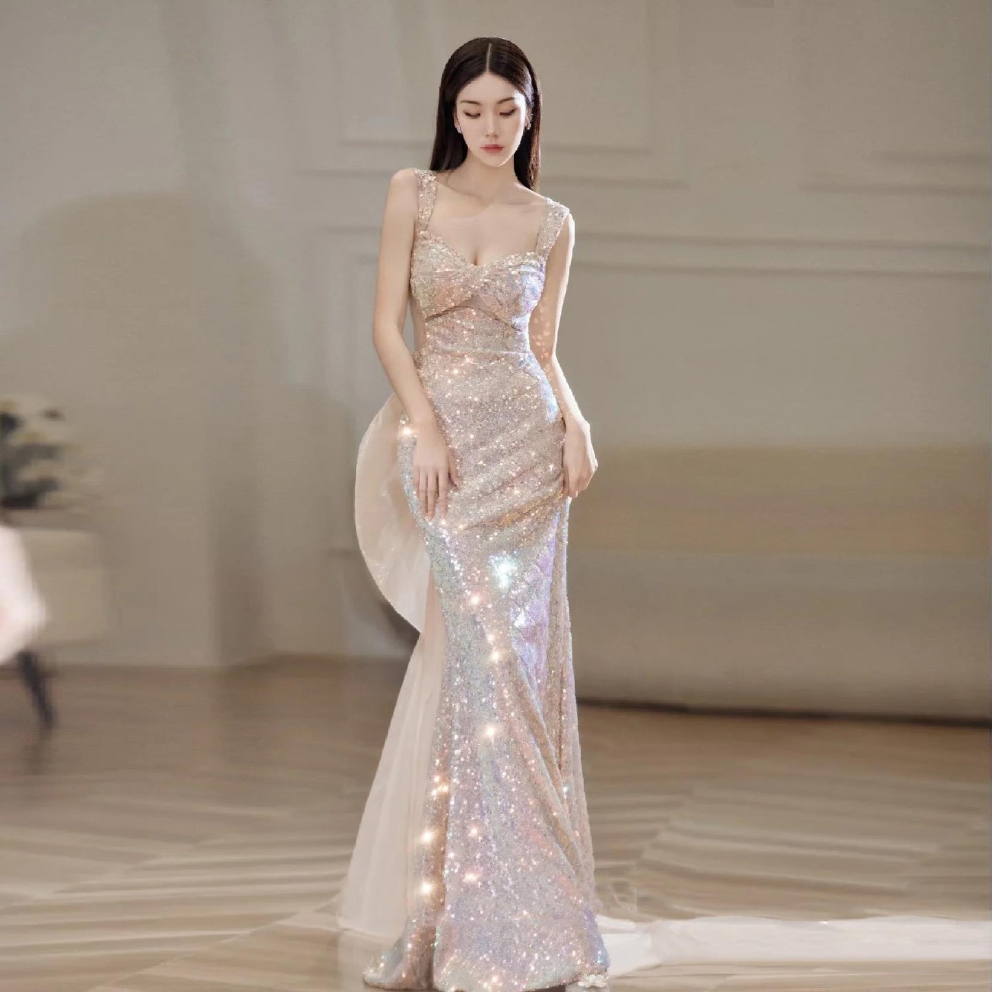 High-quality Fishtail Sequined Bridal Toast Dress