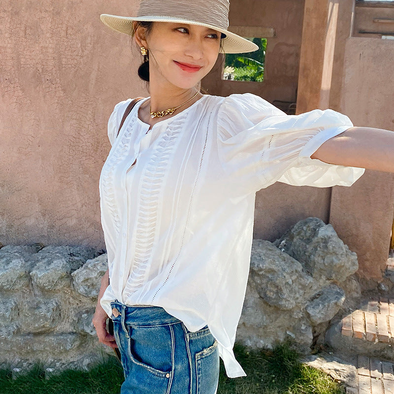 French Style Design White Shirt Vacation Style