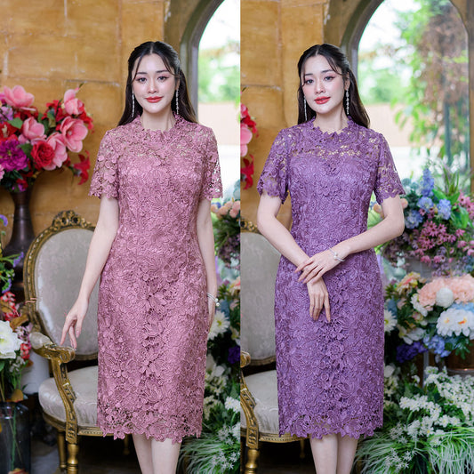 kudapy pink/purple Mini dress, premium quality lace, floral pattern, open-chest design to be see-through.