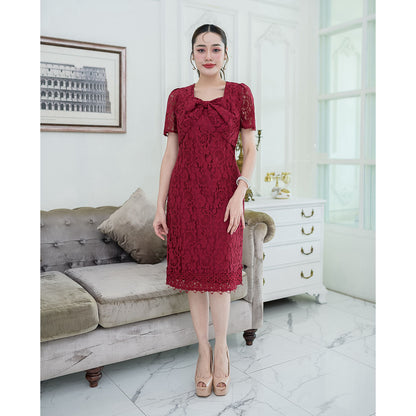 kudapy Burgundy red Mini dress, soft lace fabric, short sleeves.