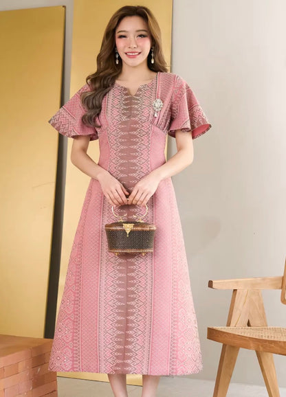 kudapy Light pink Maxi dress, woven cotton fabric with royal pattern, glued all over the dress.