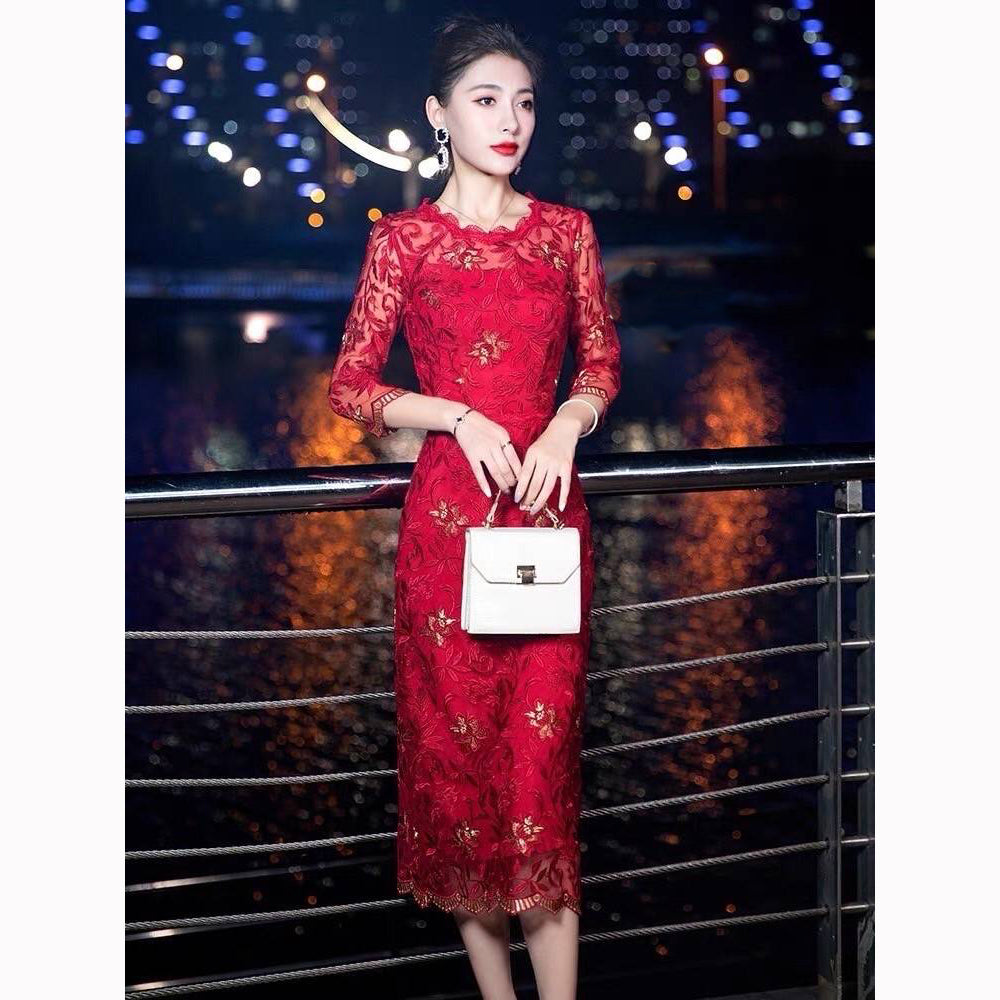 Kudapy Evening dress with gold embroidery, Chinese New Year dress.