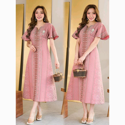 kudapy Light pink Maxi dress, woven cotton fabric with royal pattern, glued all over the dress.