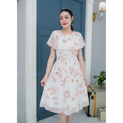 kudapy Dress floral chiffon fabric, cute style, ruffled chest area, covering the arms.