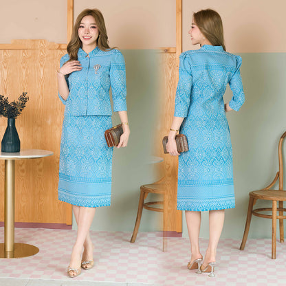 kudapy Blue top & Skirts set, woven cotton fabric, royal pattern, woven cotton fabric, celebrity style