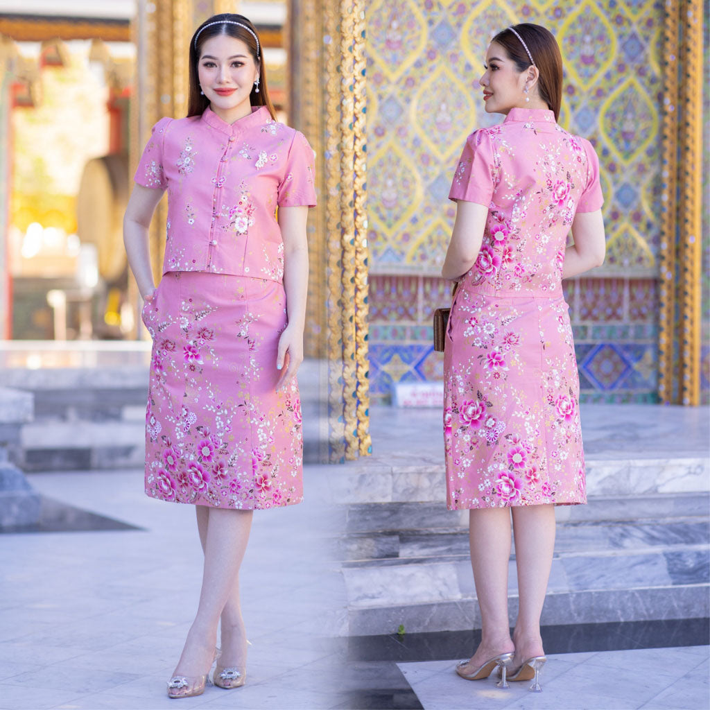 kudapy pink shirt and skirt set, glued, short sleeves, cotton batik fabric.