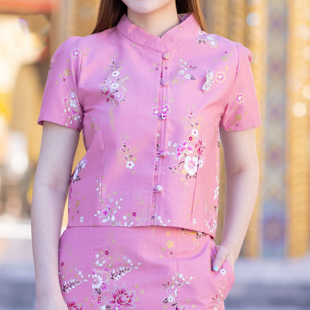 kudapy pink shirt and skirt set, glued, short sleeves, cotton batik fabric.