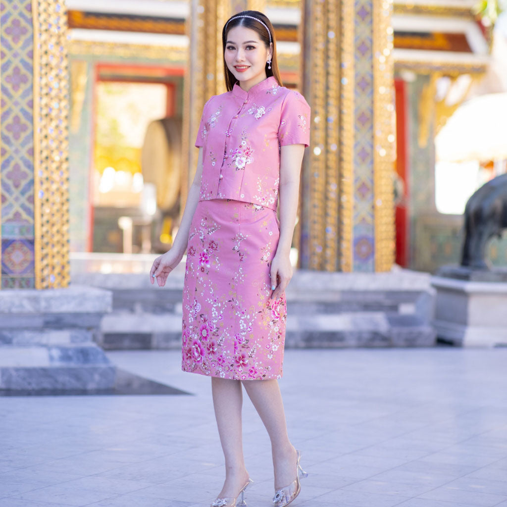 kudapy pink shirt and skirt set, glued, short sleeves, cotton batik fabric.