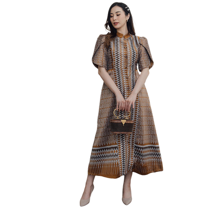 kudapy Midi dress, Thai silk, woven pattern, golden brown, Chinese collar, pleated sleeves, side slit, front slit, front buttons that can be unbuttoned, with a bow tied at the back, as per the model: Inspired by LnwShop.com