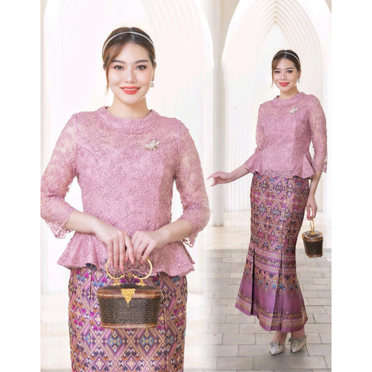 kudapy Set 2 piece top and skirt, lace shirt + Kalasin cotton sarong, ready-made, well-pressed.