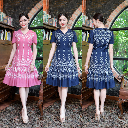 kudapy Mini dress, Thai pattern, printed fabric, beautiful pattern, decorated with collar.