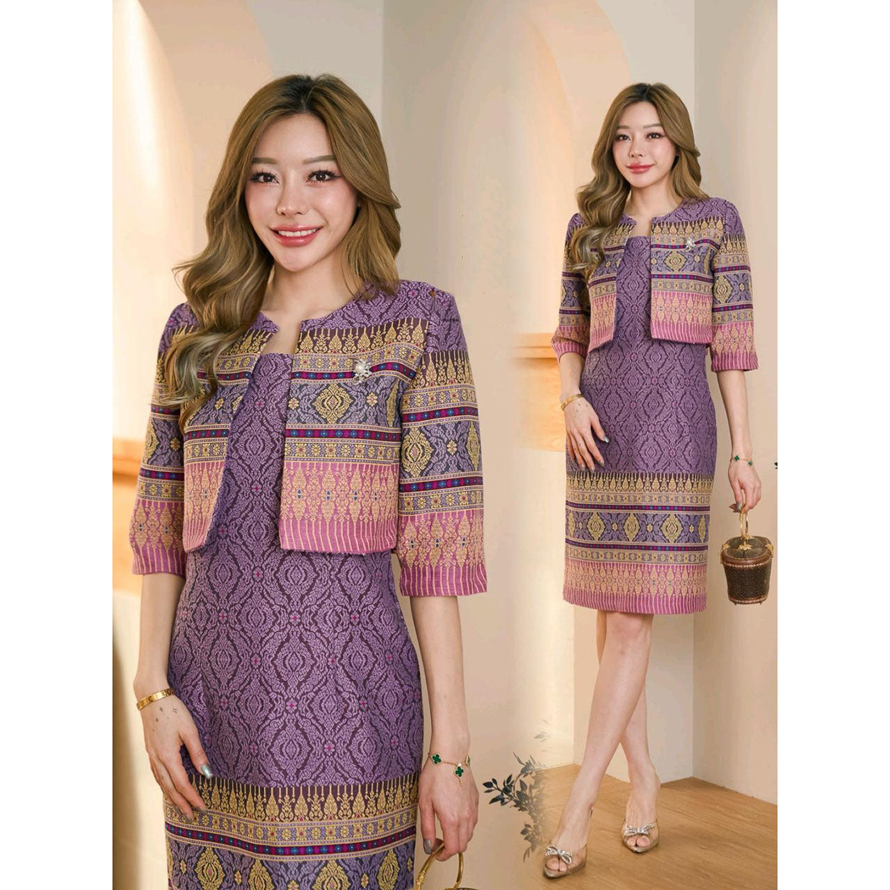 Kudapy gold/purple Set long sleeve shirt + sleeveless dress.