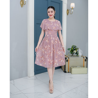 kudapy Dress floral chiffon fabric, cute style, ruffled chest area, covering the arms.