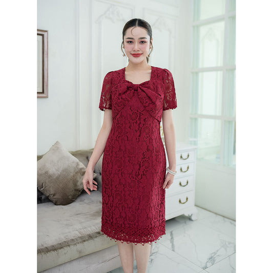 kudapy Burgundy red Mini dress, soft lace fabric, short sleeves.